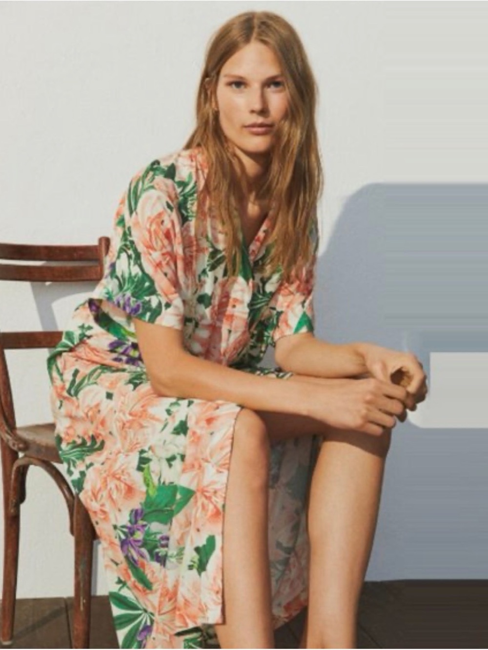 H&M Peach Floral Button-Front Dress with Green Leaves